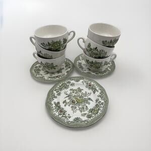 Enoch Wedgwood Tunstall Ltd Kent Green White  Tea- Cup Set of 6 & 3 Salad Plates